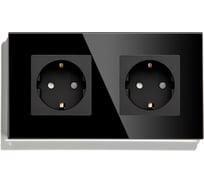 Розетка Vell черная, электрическая, 2 поста, стеклянная рамка 1369745