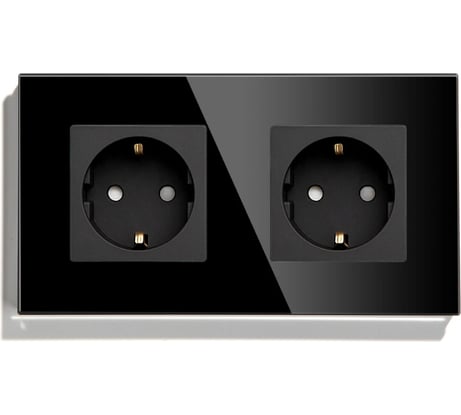 Розетка Vell черная, электрическая, 2 поста, стеклянная рамка 1369745