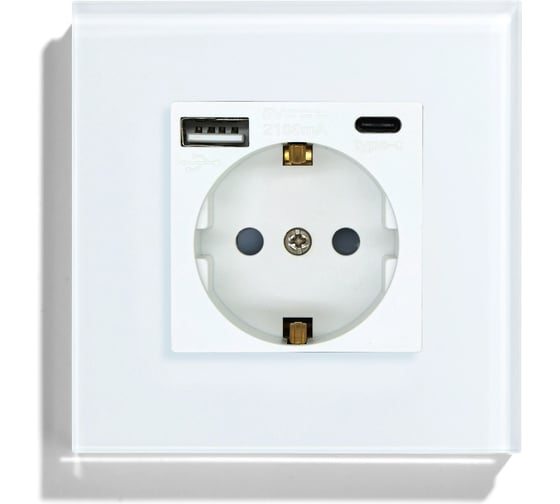 Розетка Vell электрическая, белая, 1 пост, USB-A, USB-C, стеклянная рамка 1369760 1
