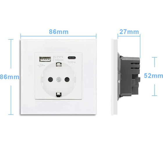 Розетка Vell электрическая, белая, 1 пост, USB-A, USB-C, стеклянная рамка 1369760
