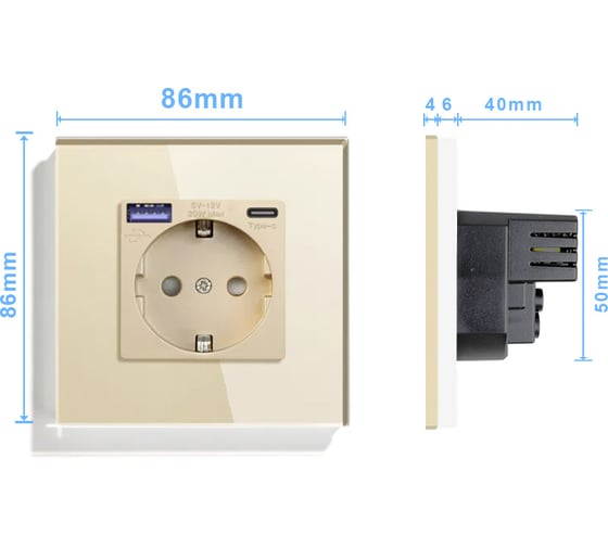 Розетка Vell электрическая, золотая, 1 пост, USB-A, USB-C, быстрая зарядка, стеклянная рамка 1369766