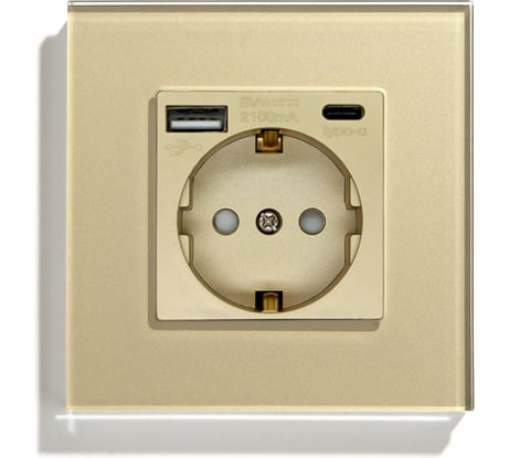 Розетка Vell электрическая, золотая, 1 пост, USB-A, USB-C, стеклянная рамка 1369762
