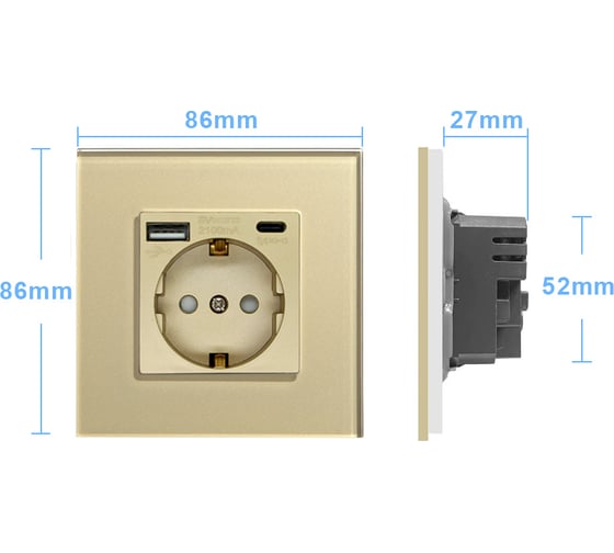 Розетка Vell электрическая, золотая, 1 пост, USB-A, USB-C, стеклянная рамка 1369762