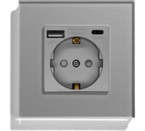 Розетка Vell электрическая, серая, 1 пост, USB-A, USB-C, стеклянная рамка 1369763