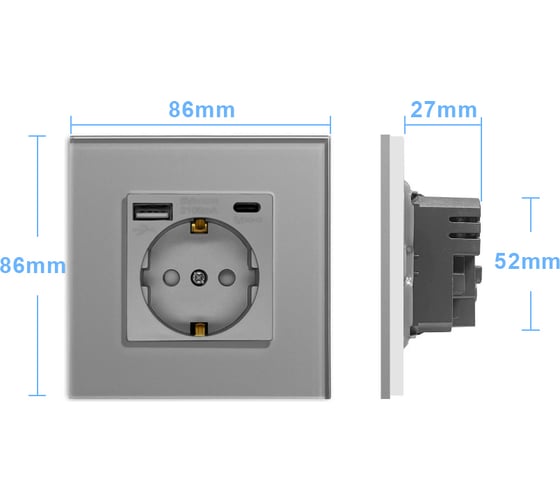 Розетка Vell электрическая, серая, 1 пост, USB-A, USB-C, стеклянная рамка 1369763