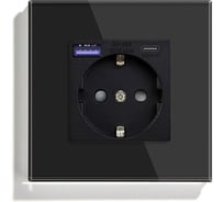 Розетка Vell электрическая, черная, 1 пост, USB-A, USB-C, быстрая зарядка, стеклянная рамка 1369765