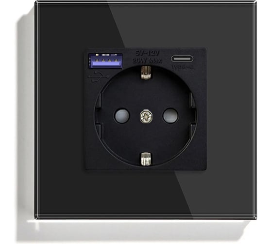 Розетка Vell электрическая, черная, 1 пост, USB-A, USB-C, быстрая зарядка, стеклянная рамка 1369765 1