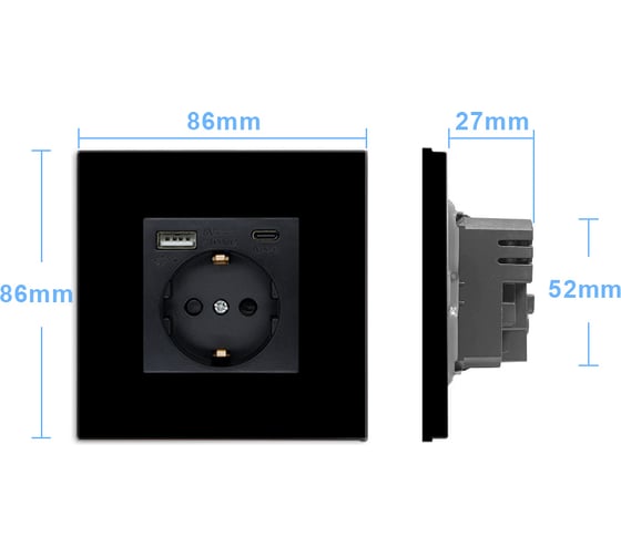 Розетка Vell электрическая, черная, 1 пост, USB-A, USB-C, стеклянная рамка 1369761