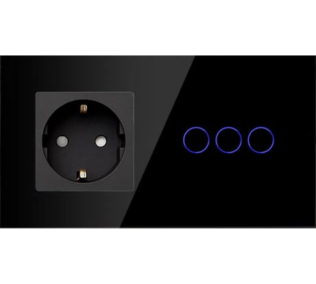 Сенсорный выключатель с розеткой Vell черный, 2 поста, 3 кнопки + розетка, стеклянная панель 1369813