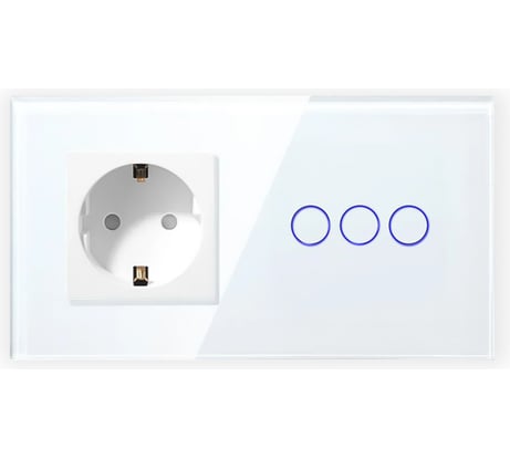 Сенсорный выключатель с розеткой Vell белый, 2 поста, 3 кнопки + розетка, стеклянная панель 1369812