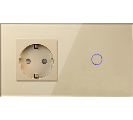 Сенсорный выключатель с розеткой Vell золотой, 2 поста, 1 кнопка + розетка, стеклянная панель 1369806