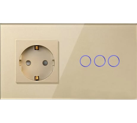 Сенсорный выключатель с розеткой Vell золотой, 2 поста, 3 кнопки + розетка, стеклянная панель 1369814