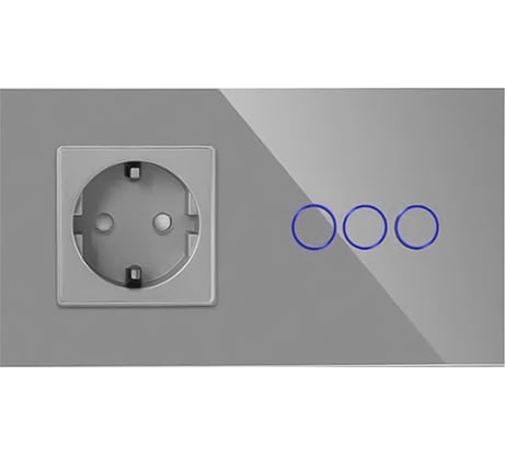 Сенсорный выключатель с розеткой Vell серый, 2 поста, 3 кнопки + розетка, стеклянная панель 1369815