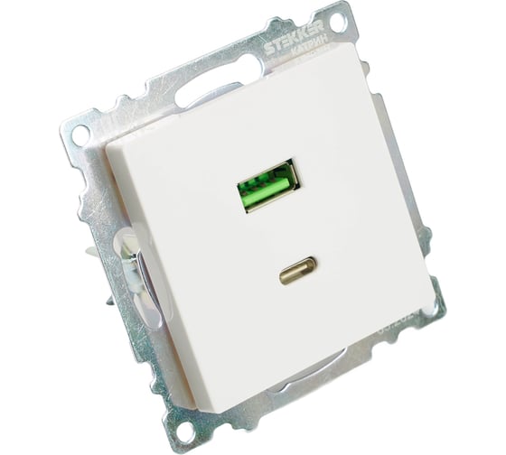 Розетка STEKKER USB 2-местная + type C (механизм), GLS10-7116-01, 250В, 3А, max 20W, серия Катрин, белый, 50051