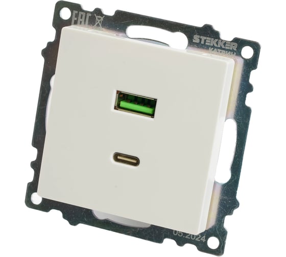 Розетка STEKKER USB 2-местная + type C (механизм), GLS10-7116-01, 250В, 3А, max 20W, серия Катрин, белый, 50051
