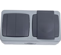 Выключатель двухклавишный + розетка с крышкой MAKEL с погружным зажимом влагозащищенная серия IP 55 серая 36064208