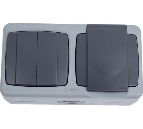 Выключатель двухклавишный + розетка с крышкой MAKEL с погружным зажимом влагозащищенная серия IP 55 серая 36064208