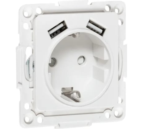 Механизм 1-местной розетки EKF Стокгольм с заземлением, USB 2A, 16А, винтовые клеммы, белый, с защитными шторками EYR16-2USB-typeA
