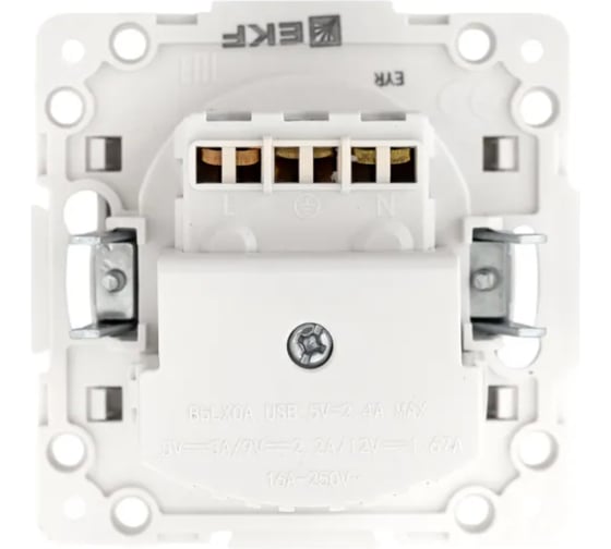 Механизм 1-местной розетки EKF Стокгольм с заземлением, USB A+C, 16А, винтовые клеммы, белый, с защитными шторками EYR16-2USB-typeA-typeC