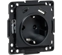Механизм 1-местной розетки EKF Стокгольм с заземлением, USB A+C, 16А, винтовые клеммы, черный, с защитными шторками EZR16-2USB-typeA-typeC