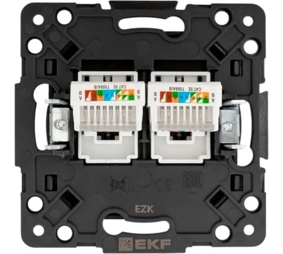 Механизм 2-местной розетки RJ-45 EKF Стокгольм черный EZK02-035-10