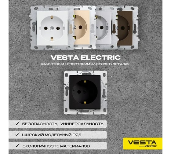Набор Розетка Vesta Electric Vesta-Electric Roma Black одинарная с заземлением без рамки, 24 шт FRZ00020106CMT-24