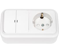 Блок Bylectrica, 2 выключателя + розетка с заземляющим контактом ОУ со шторкой с подсветкой, серия ПРАЛЕСКА, белый 2В-РЦ-589