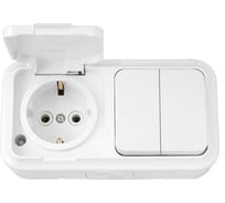 Блок Bylectrica 2 выключателя + розетка с заземляющим контактом ОУ IP54, серия ПРАЛЕСКА АКВА, белый, 2В-РЦ-659