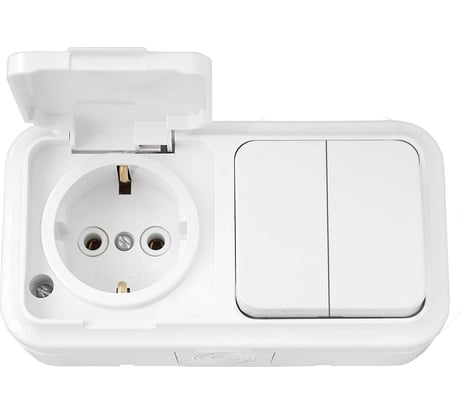 Блок Bylectrica 2 выключателя + розетка с заземляющим контактом ОУ IP54, серия ПРАЛЕСКА АКВА, белый, 2В-РЦ-659