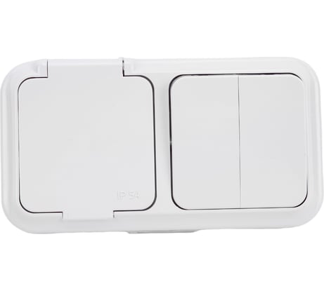 Блок Bylectrica 2 выключателя + розетка ОУ IP54, серия ПРАЛЕСКА АКВА, белый, 2В-РЦ-655