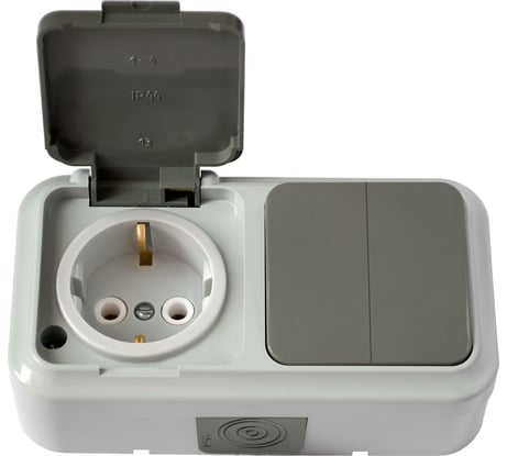 Блок Bylectrica 2 выключателя + розетка с заземляющим контактом ОУ IP54, серия ПРАЛЕСКА АКВА, серый, 2В-РЦ-659 03