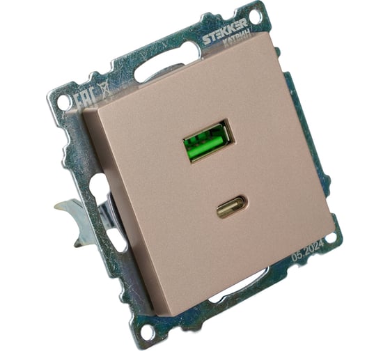 Механизм розетки 2-местной STEKKER USB + type C, GLS10-7116-02, 250B, 3A, max 20W, серия Катрин, шампань, 50056