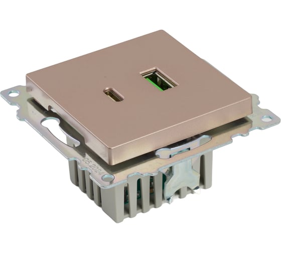 Механизм розетки 2-местной STEKKER USB + type C, GLS10-7116-02, 250B, 3A, max 20W, серия Катрин, шампань, 50056