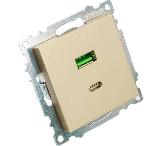 Механизм розетки 2-местной STEKKER USB + type C, 250В, 3А, max 20W, GLS10-7116-08, серия Катрин, золото, 50053