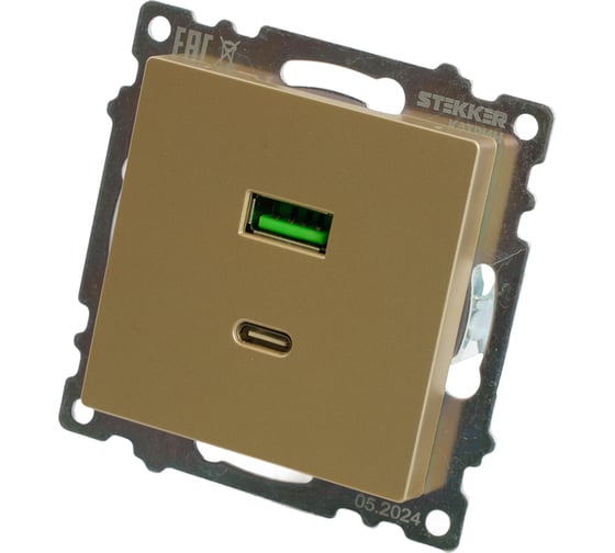 Механизм розетки 2-местной STEKKER USB + type C, 250В, 3А, max 20W, GLS10-7116-08, серия Катрин, золото, 50053