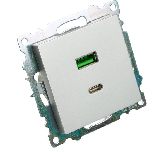 Механизм розетки 2-местной STEKKER USB + type C, GLS10-7116-03, 250B, 3А, max 20W, серия Катрин, серебро, 50054