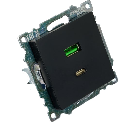 Механизм розетки 2-местной STEKKER USB + type C, GLS10-7116-05, 250B, 3А, серия Катрин, черный, 50055