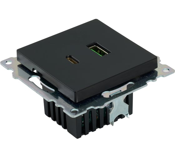 Механизм розетки 2-местной STEKKER USB + type C, GLS10-7116-05, 250B, 3А, серия Катрин, черный, 50055
