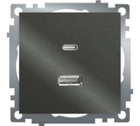 Механизм розетки 2-местной STEKKER USB + type C, 250В, 3А, max 20W, серия Катрин, графит, GLS10-7116-06, 50052