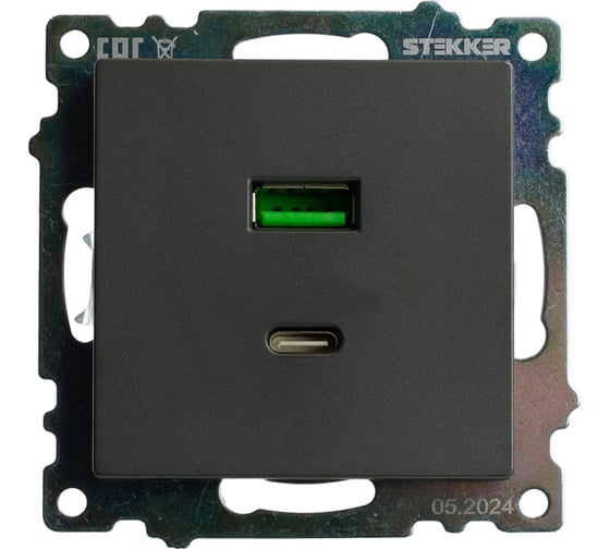 Механизм розетки 2-местной STEKKER USB + type C, 250В, 3А, max 20W, серия Катрин, графит, GLS10-7116-06, 50052