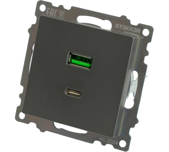 Механизм розетки 2-местной STEKKER USB + type C, 250В, 3А, max 20W, серия Катрин, графит, GLS10-7116-06, 50052
