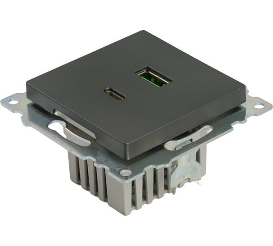 Механизм розетки 2-местной STEKKER USB + type C, 250В, 3А, max 20W, серия Катрин, графит, GLS10-7116-06, 50052