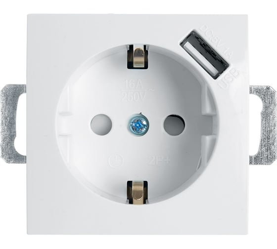 1-местная розетка STEKKER с заземлением, механизм, 250В, 16А, с USB 1А, серия Эрна, белый 39318