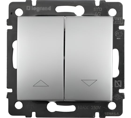 Переключатель двухклавишный Legrand с механической блокировкой Valena 10А 250В схема 1+6, безвинтовые зажимы, алюминий 770104 1