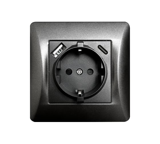 Розетка электрическая 2К+З/2xUSB A/C SPL, 125-250V (антрацит) 9 шт. 201025