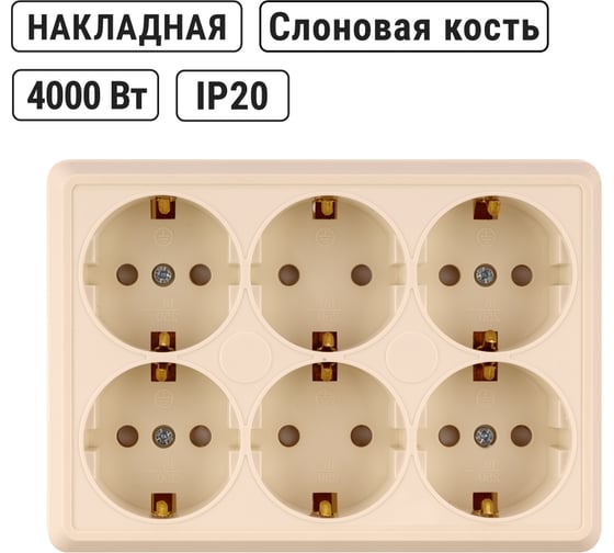 Розетка TDM ELECTRIC шестиместная, 2П+3, открытой установки, IP20, 16A, с защитными шторками, сл.кость, Ладога SQ1801-0247