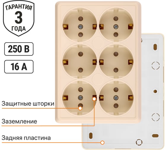 Розетка TDM ELECTRIC шестиместная, 2П+3, открытой установки, IP20, 16A, с защитными шторками, сл.кость, Ладога SQ1801-0247
