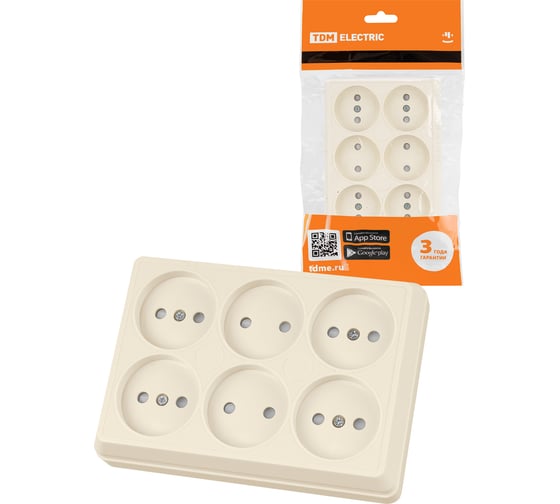 Розетка TDM ELECTRIC шестиместная, 2П, открытой установки, IP20, 10А, с защитными шторками, слоновая кость, Ладога SQ1801-0245
