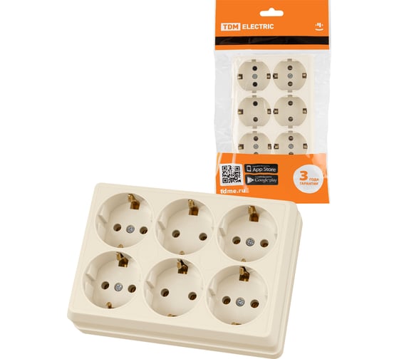 Розетка TDM ELECTRIC шестиместная, 2П+3, открытой установки, IP20, 16A, сл.кость, Ладога SQ1801-0246