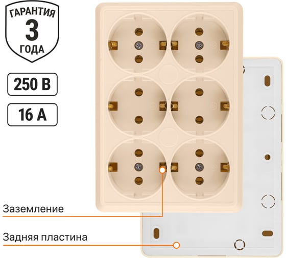 Розетка TDM ELECTRIC шестиместная, 2П+3, открытой установки, IP20, 16A, сл.кость, Ладога SQ1801-0246